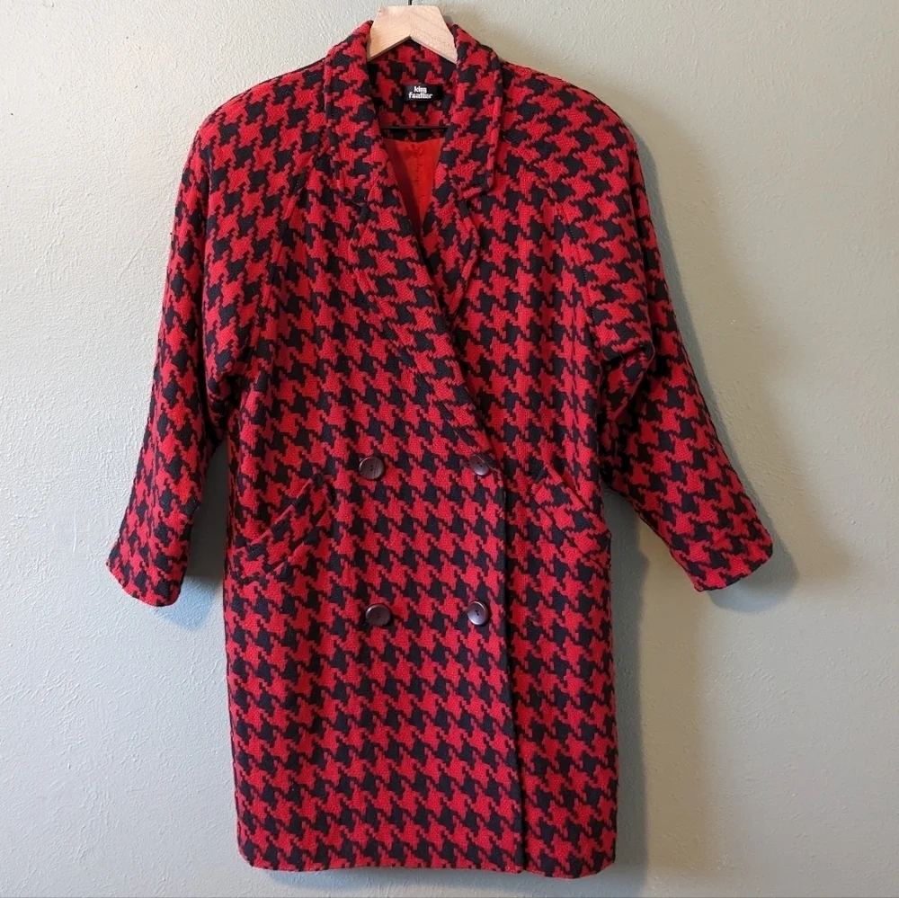 King Feather Retro Red & Black Houndstooth Pea Coat Size L - Picture 2 of 15
